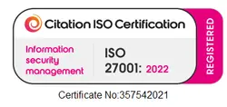 Citation ISO Certification badge for ISO 27001:2022 information security management — Certificate No. 357542021